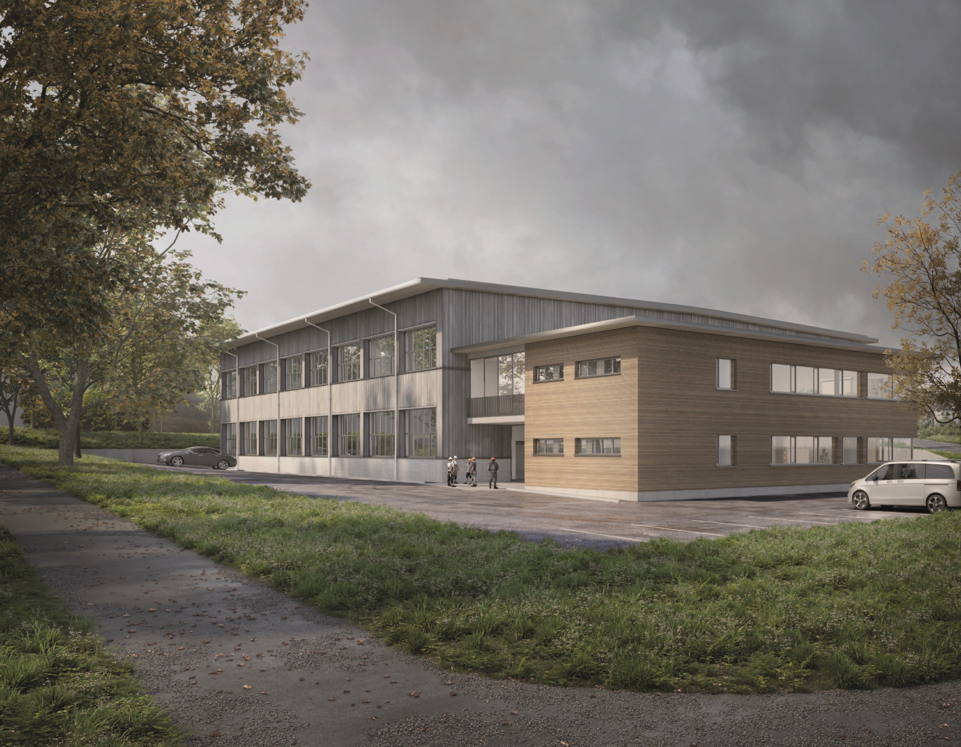 Visualisierung geplantes ÜK-Center in Birr von Holzbau Schweiz, Sektion Aargau